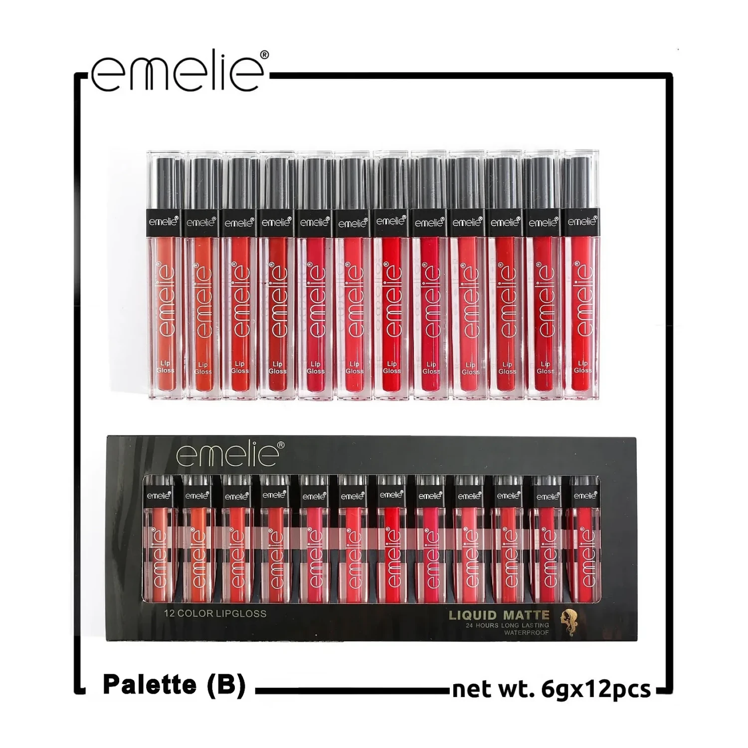 Emelie lip gloss palette B packaging set of 12 tubes