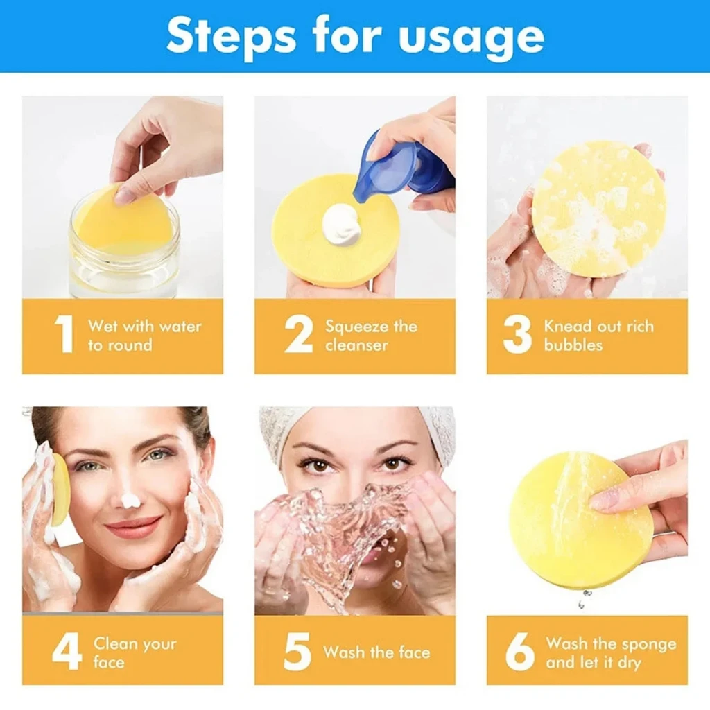 Steps for using Facial Cleansing Sponges – Guide for using reusable sponges with cleanser for deep cleansing and gentle exfoliation of the skin.