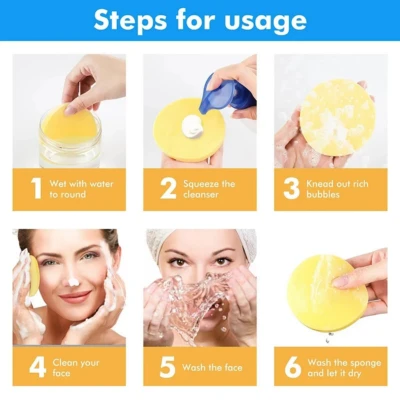 Steps for using Facial Cleansing Sponges – Guide for using reusable sponges with cleanser for deep cleansing and gentle exfoliation of the skin.