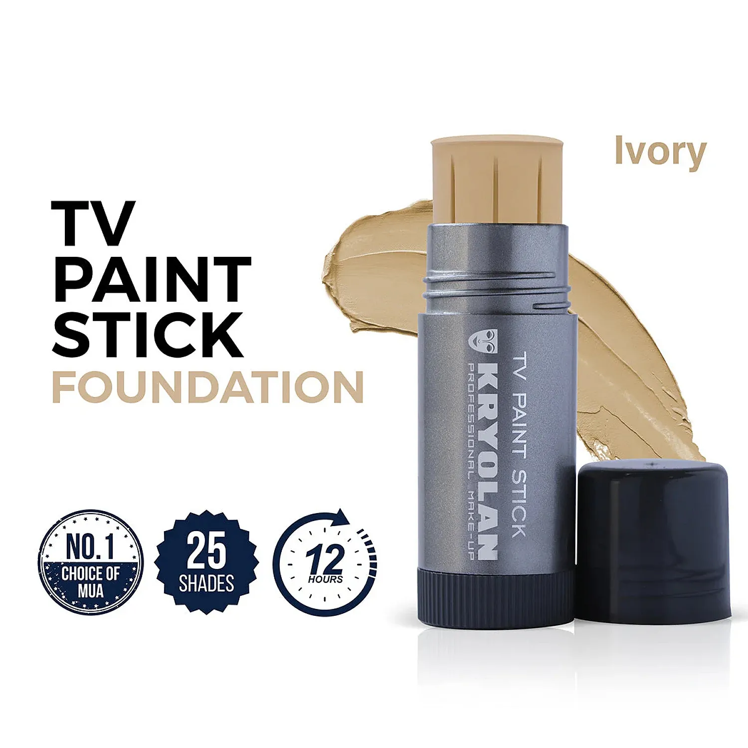 kryolan-tv-paint-stick-Ivory Kryolan TV Paint Stick Foundation shade Ivory with cap off and creamy swatch