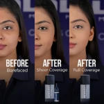 Before and after model using Kryolan TV Paint Stick Foundation showing bare face, sheer coverage, and full coverage