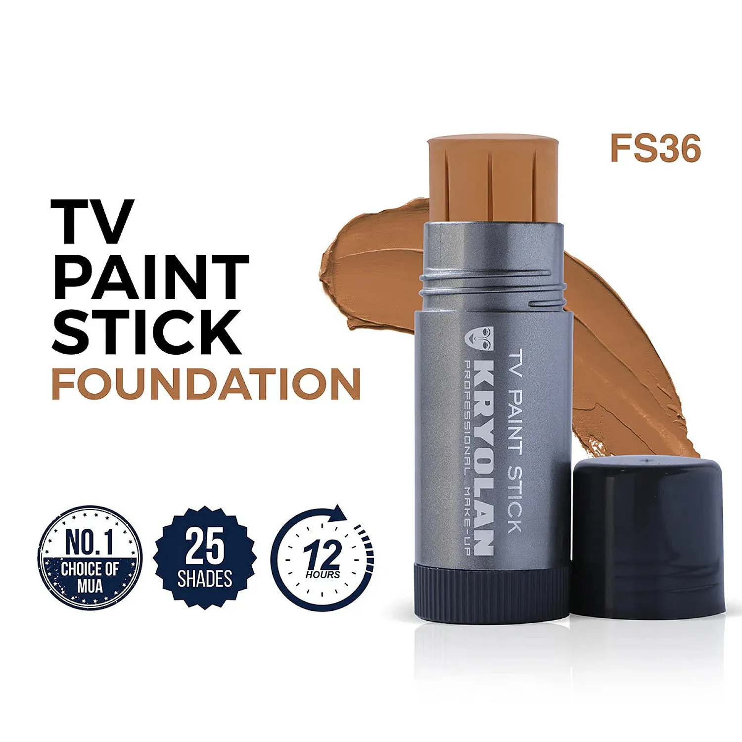 kryolan-tv-paint-stick-fs36 Kryolan TV Paint Stick Foundation shade F1 with cap off and product swatch