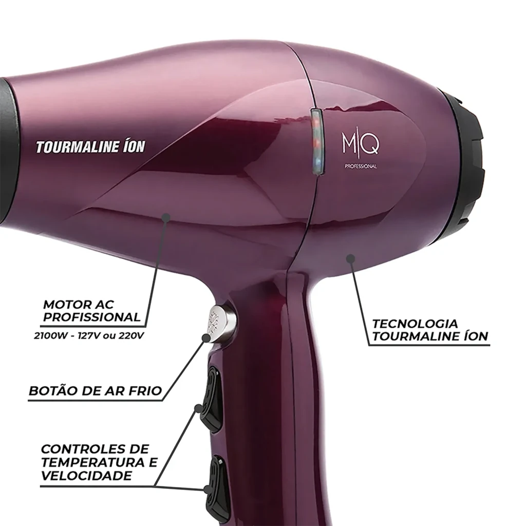 MQ Hair Tourmaline Ion Dryer close-up – Temperature and speed controls, AC motor, cool shot button, and precision nozzle attachments.