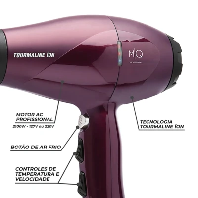 MQ Hair Tourmaline Ion Dryer close-up – Temperature and speed controls, AC motor, cool shot button, and precision nozzle attachments.