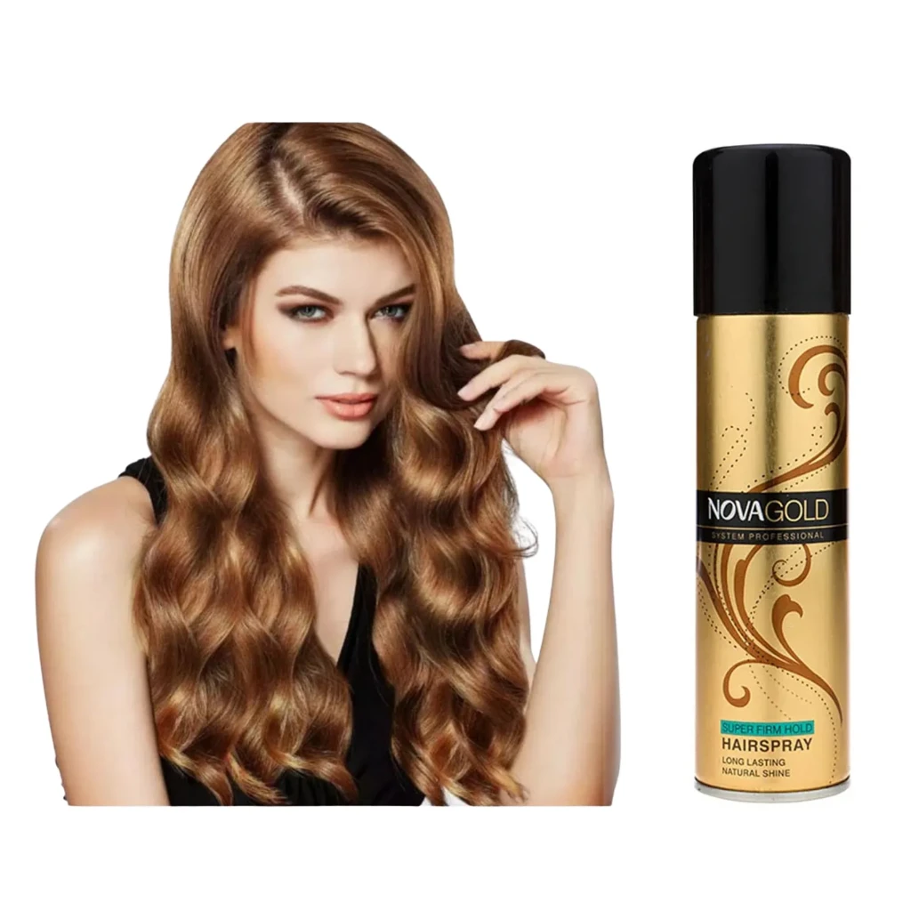 Model with glamorous long wavy hair styled using Nova Gold Super Firm Hold Hairspray for smooth shine and strong hold