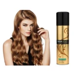 Model with glamorous long wavy hair styled using Nova Gold Super Firm Hold Hairspray for smooth shine and strong hold