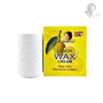 Venezia Lemon Wax Cream strip hair removal system with lemon extract – front view of box and wax jar