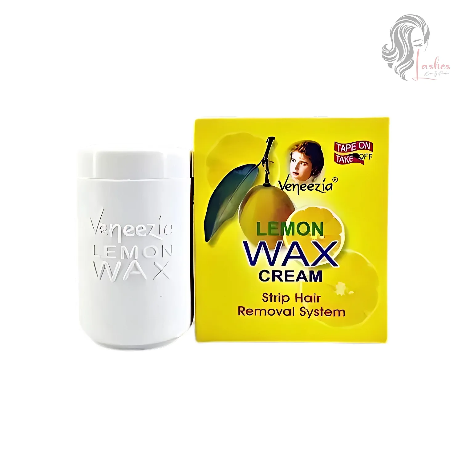 Venezia Lemon Wax Cream strip hair removal system with lemon extract – front view of box and wax jar