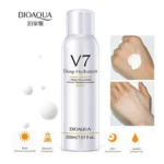 BioAqua V7 Deep Hydration Spray 200ml with Seven Vitamins Complex, showing application on skin.