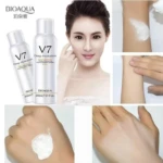 BioAqua V7 Deep Hydration Spray 200ml with hand application and model using the product.