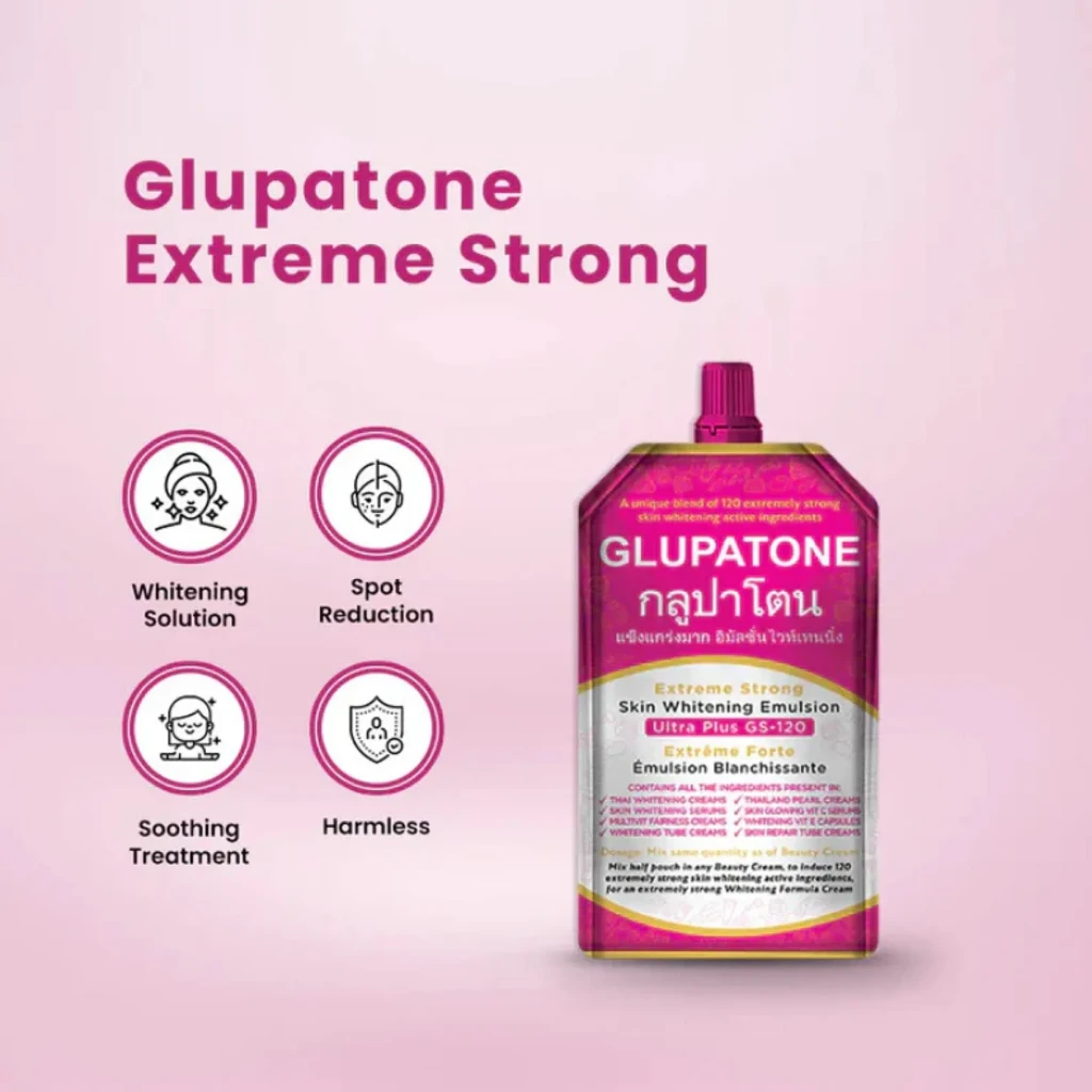 Glupatone GS-120 benefits graphic – whitening, spot reduction, soothing, harmless