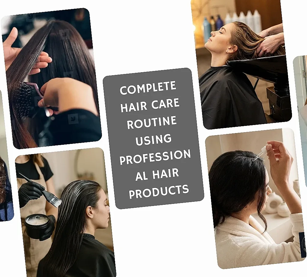 Professional hair care routine showing shampooing, conditioning, hair treatment, and blow drying using salon-quality hair products at home