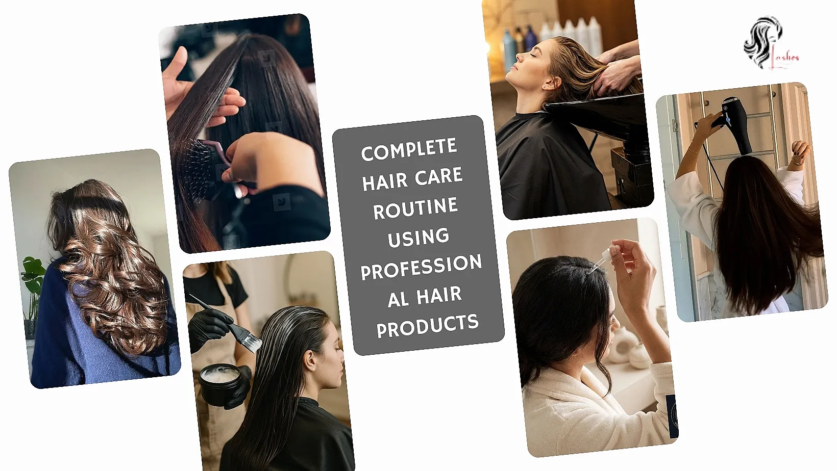 Professional hair care routine showing shampooing, conditioning, hair treatment, and blow drying using salon-quality hair products at home