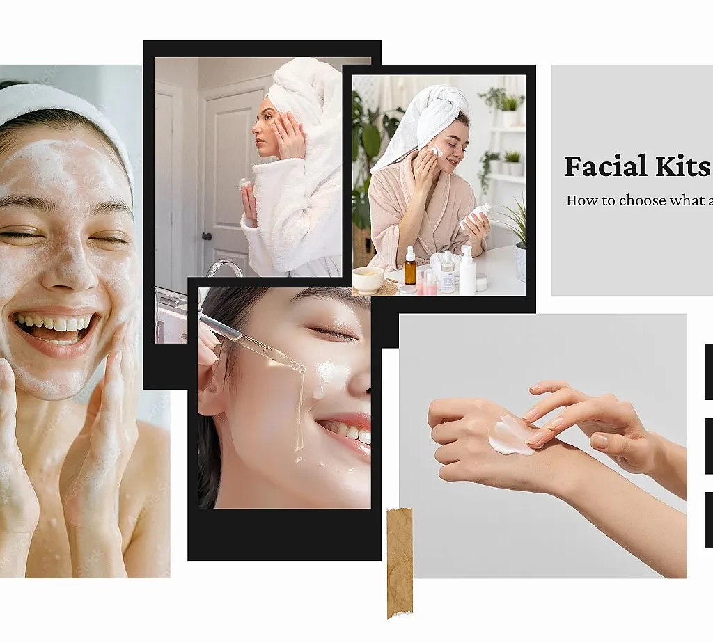 Woman using facial skincare products showing how to choose facial kits based on dry, oily, sensitive, and combination skin types