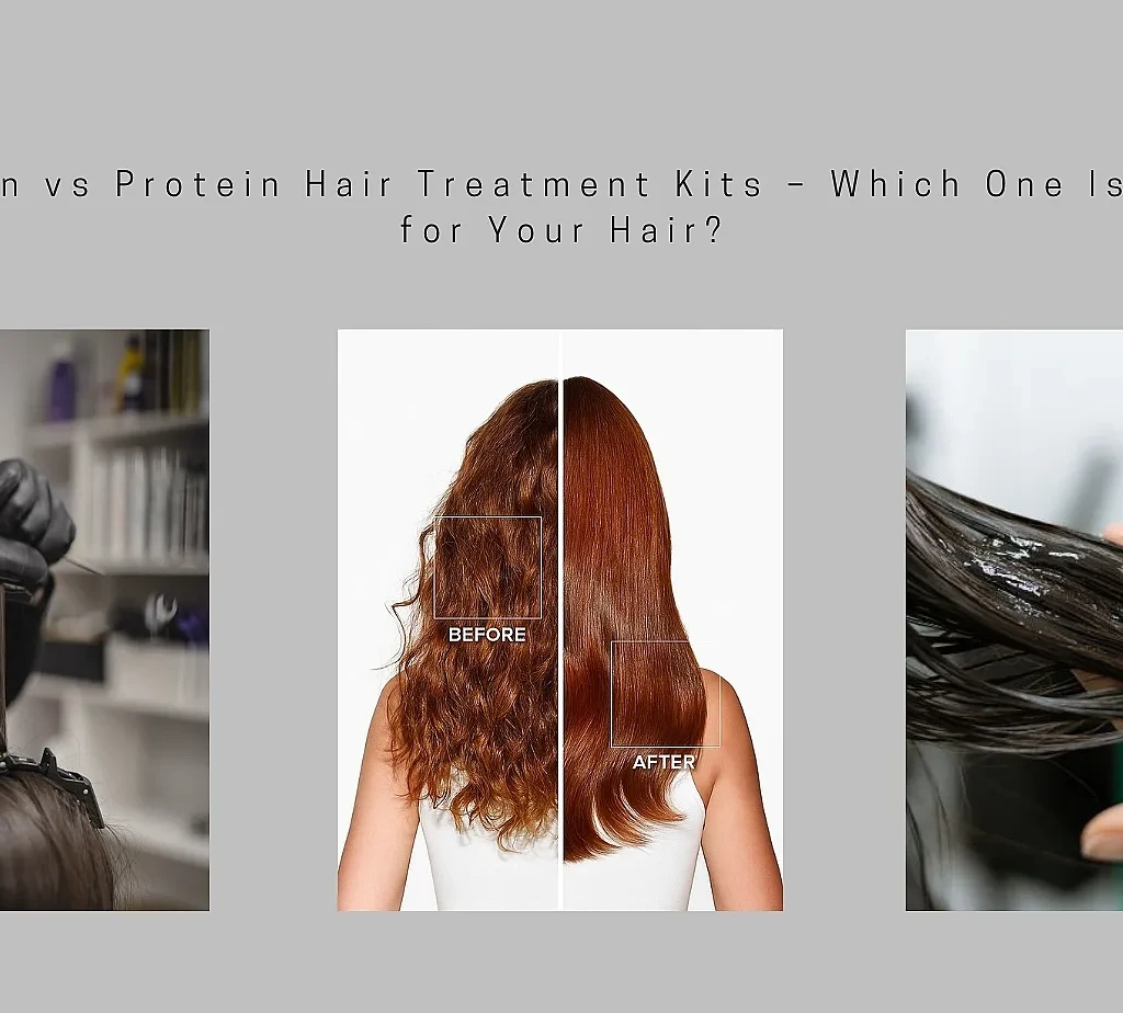 Before and after comparison of keratin and protein hair treatments showing hair smoothing, repair, and strengthening results
