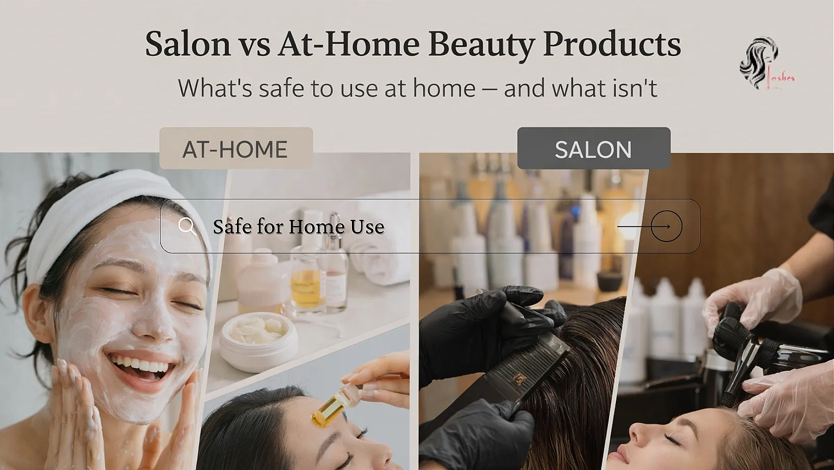 Side-by-side comparison of at-home skincare products and professional salon beauty treatments showing what is safe for home use and what requires salon expertise